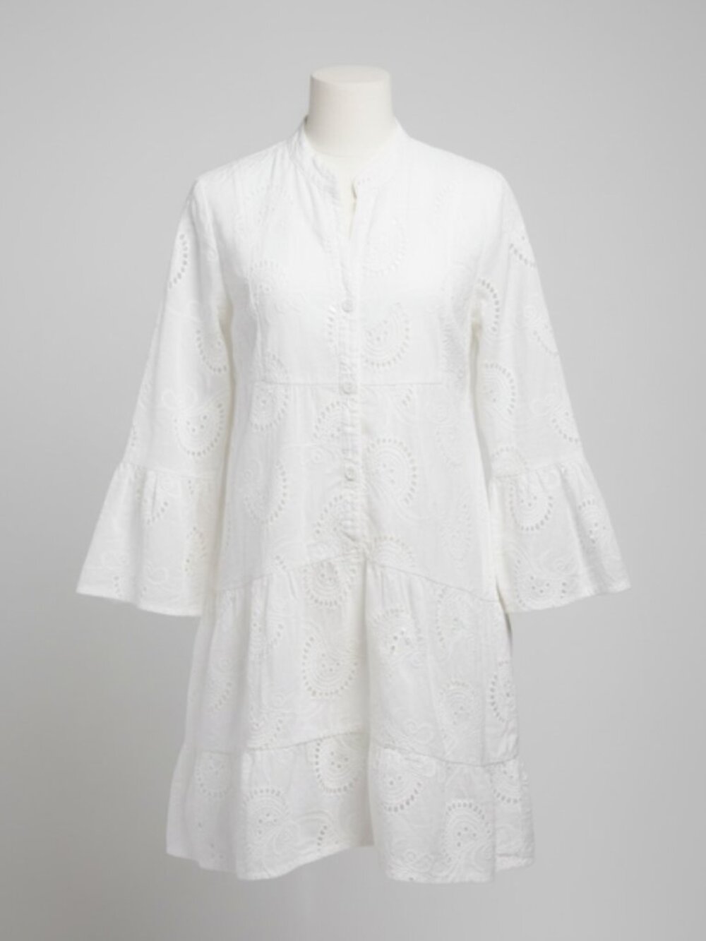 White Eyelet Tiered Above Knee Length Dress with Bell Sleeve 100% cotton
